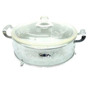 Vtg 1950s GLASBAKE 205-215 Casserole Baking Dish & Lid w/ Footed Silver Server
